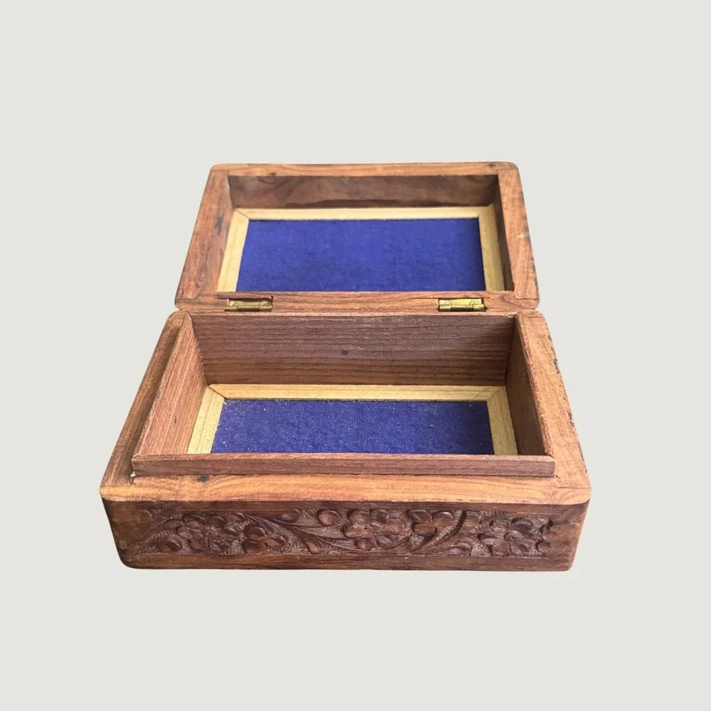 Vintage Hand Carved Wooden Jewelry Box Floral Inlay Lined Trinket Box